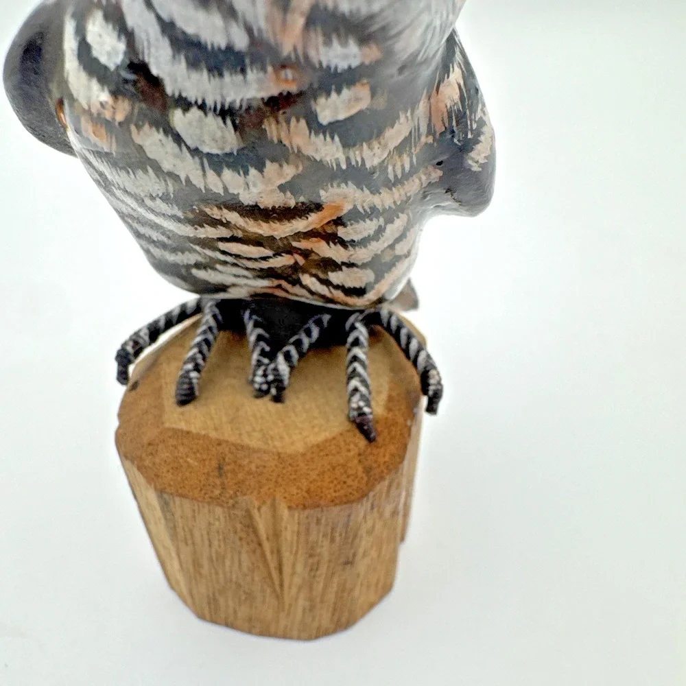 Hand Carved Wood Owl Sculpture Bird on Branch Hand Painted 4.25